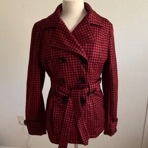 JouJou Red Black Houndstooth Double Breasted Coat Sz Lg Jacket Academia Career